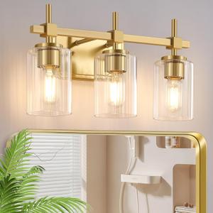 Asnxcju 3-Light Brushed Gold Bathroom Light Fixtures, Modern Gold Vanity Lights with Clear Textured Glass Shades for Mirror, Bathroom Wall Sconces Lighting for Kitchen Living Room Hallway Porch