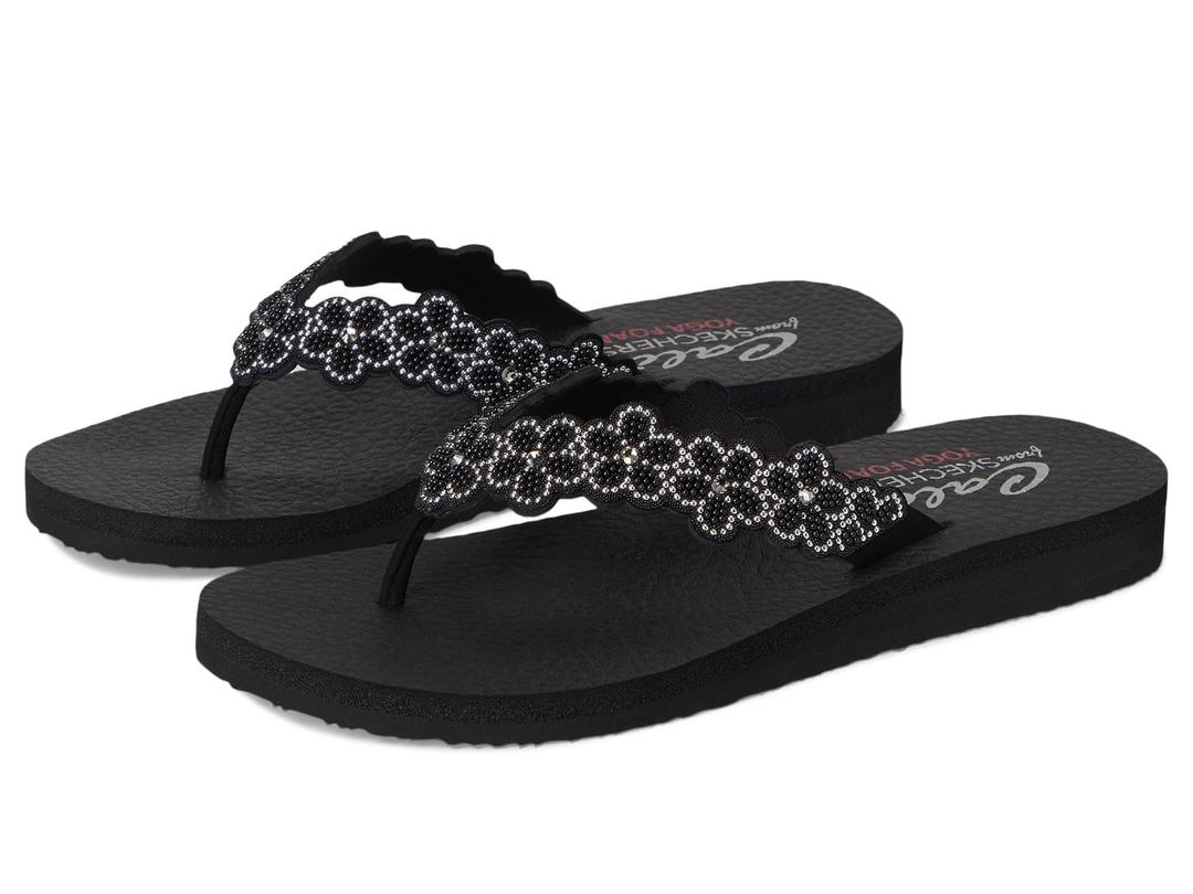 Skechers Women's MEDITATION - RARE ELEGANCE, Embellished Pearl Flower Thong, Black, 10M