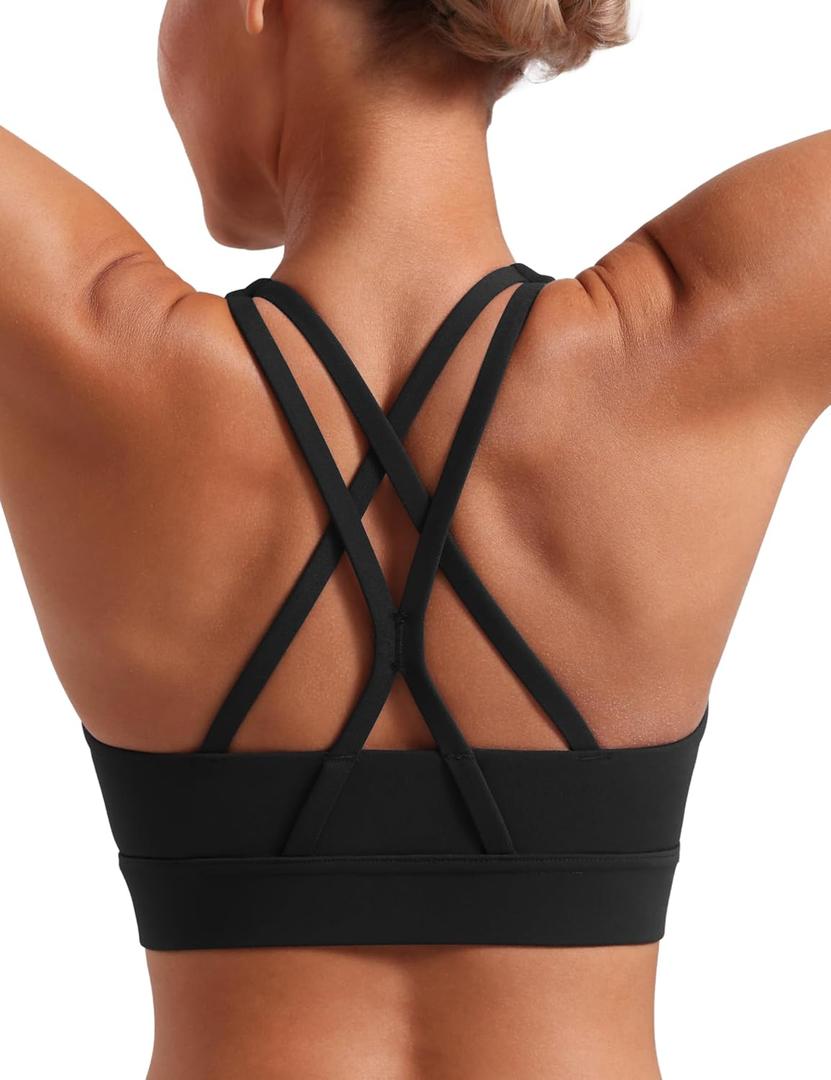 POSHDIVAH Women's Mid-Impact Sports Bra with Removable Padding - Criss Cross Back for Yoga, Running & Gym Workouts (Black, XS)