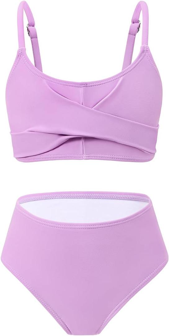 Century Star Girls Swimsuits for Teens Bikini 2026 Solid Teen Bathing Suits Adjustable Straps Swimwear Padded 8-15 Years (Purple, M)