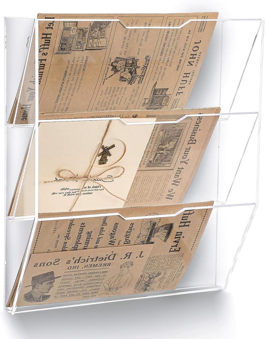 Chunful 3 Tier Mail Sorter Wall Letter Holder Clear Acrylic Wall Mounted Mail Organizer Hanging File Envelope Pocket Plastic Mount Document Holder for Home Office Entryway
