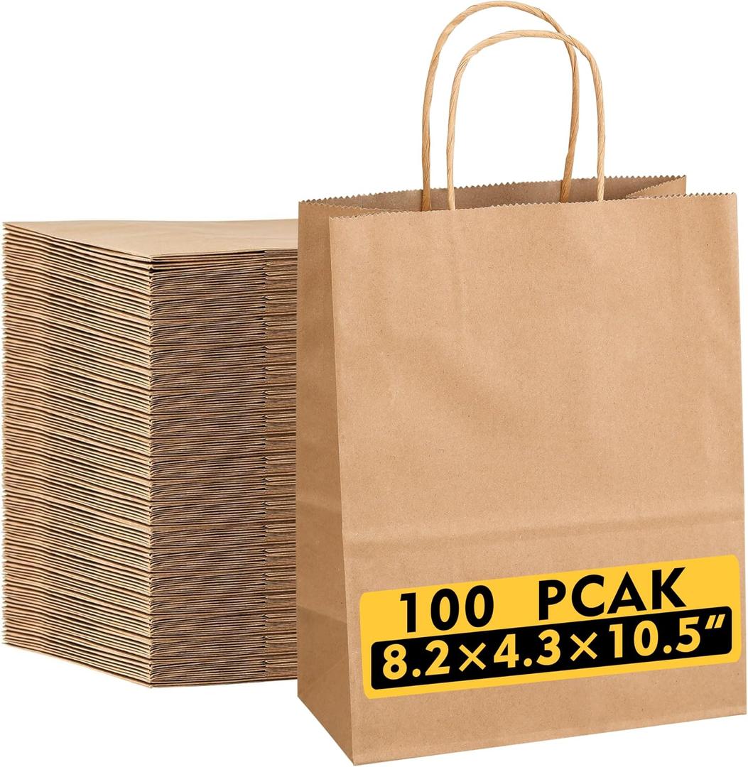 Tlpmsk 100Pcs Brown Paper Bags with Handles,8.2×4.3×10.5 Inch Gift Bags, 1 Count