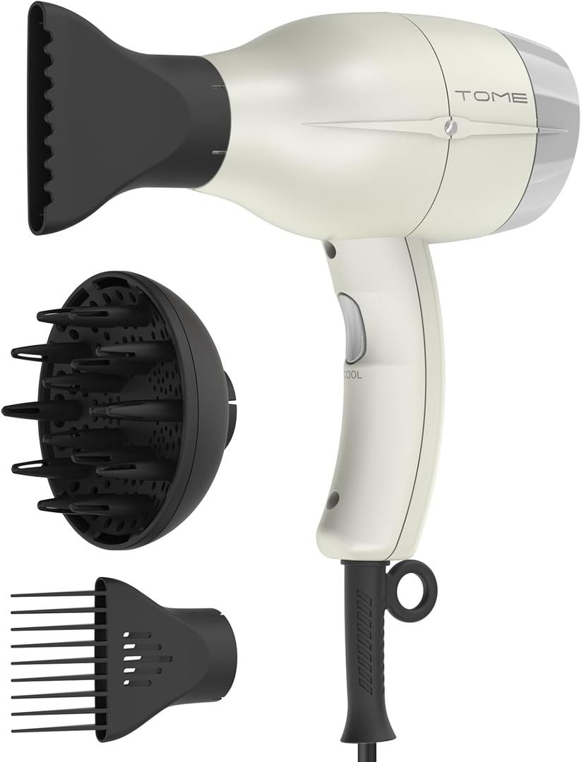 TOME Hair Dryer with Diffuser, 1875W Ionic Blow Dryer with Comb Attachment and Concentrator for Home Use, Fast Drying with Cool Shot and 2 Heat & 2 Speed Settings, 125V, White