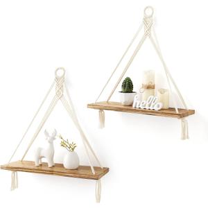 Mkono Macrame Hanging Shelves Boho Wall Decor Set of 2 Rustic Wood Floating Storage Shelf for Bedroom Bathroom Living Room Nursery Dorm Room, Display Shelving for Hanging Plants Photos (White)