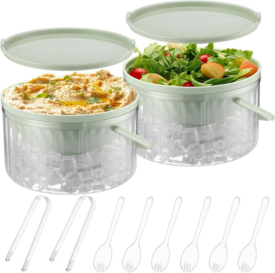 Hushee 2 Pack Chilled Dip Bowl 30oz Ice Serving Bowl with Lid Chilled Dip Bowl for Parties Cold Serving Dish with 2 Serving Tongs 6 Spoons for Hummus, Chilled Pasta, Potato, Dressing, Fruit, Salsa (Green)
