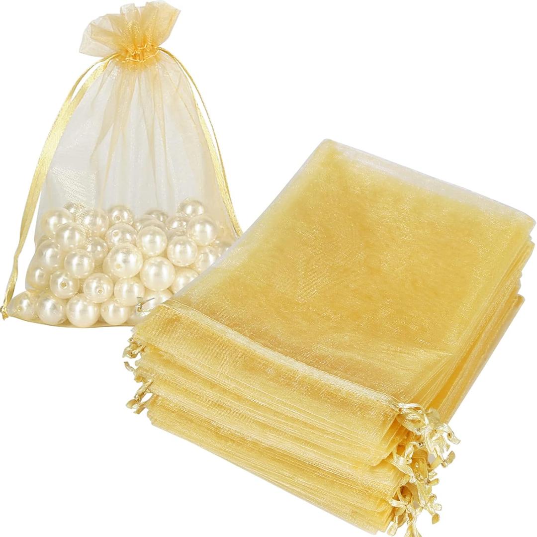 HRX Package 100pcs Organza Bags Gold, 5x7 inch Mesh Drawstring Gift Bags Jewelry Pouches for Christmas Candy Party Favor