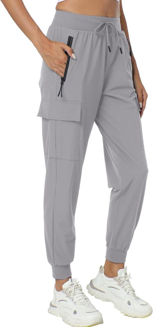 Women's Joggers with Pockets Lightweight - Water Resistant Cargo Athletic Pants for Hiking Running Camping Travel (Gray, L)