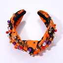 Halloween Headband Purple Spooky Beaded Knotted Headband for Women Sparkle Pearl Rhinestone Pumpkin Spider Bat Skeleton Ghost Charm Wide Knot Headpiece Orange Cat Star Print Hairband Halloween Party