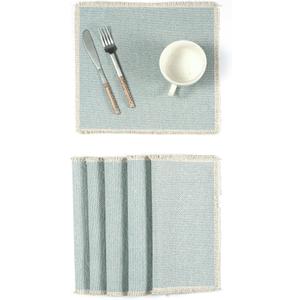 Hausattire Cotton Frayed Placemats Set of 6 Dining Table 14x14 Inch | Rustic Vintage Boho Washable Easter Placemat for Outdoor Parties BBQ's Wedding, Holiday, Special Occasions, Nubby Cotton - Blue