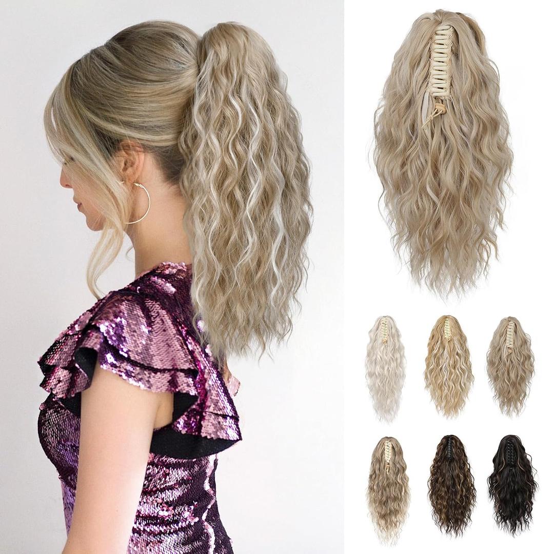 REECHO Ponytail Extension, 14 Inch Claw Clip Ponytail Extension Curly Wavy Pony Tails Hair Extensions Synthetic Thick Hair Pieces for Women - Light Blonde with Highlights