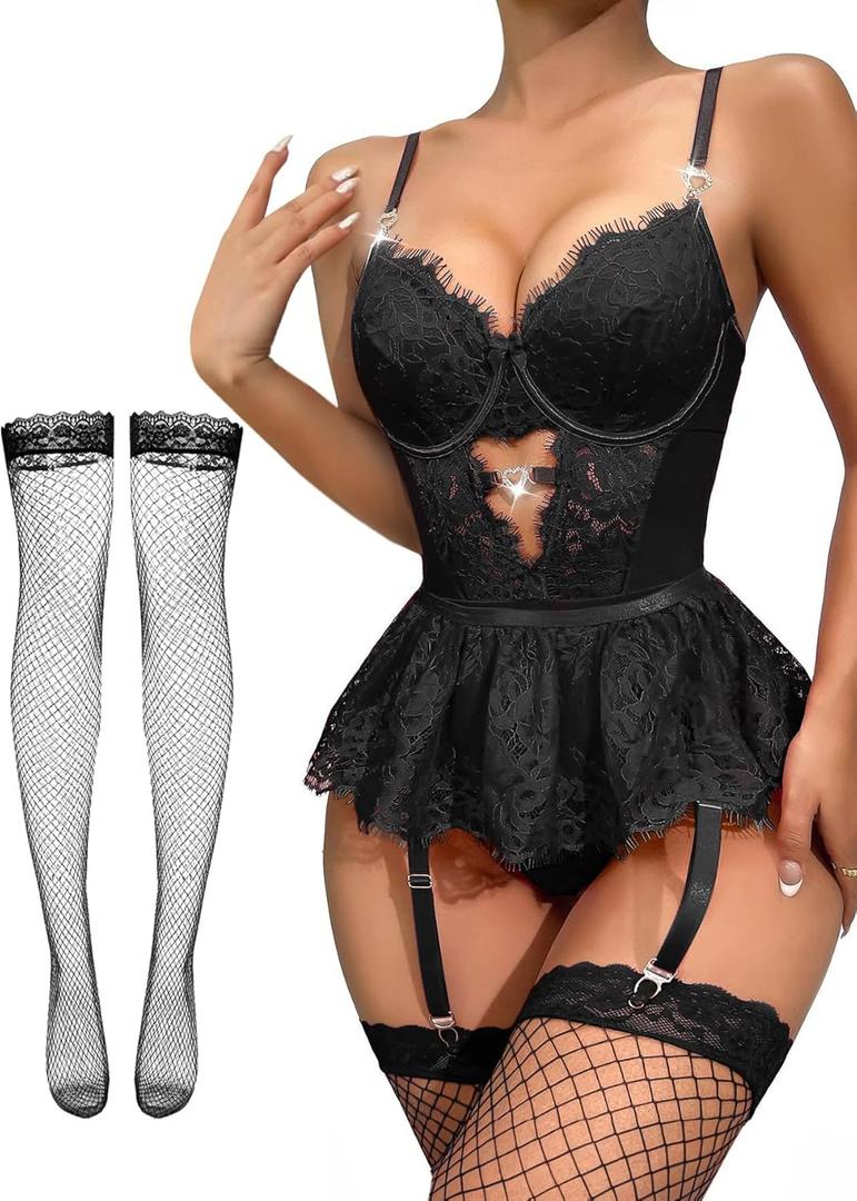 Lilosy Sexy Stocking Rhinestones Heart Garter Underwire Floral Mesh lace Sheer Babydoll Lingerie Teddy Bodysuit Skirt Set (Large, Black)