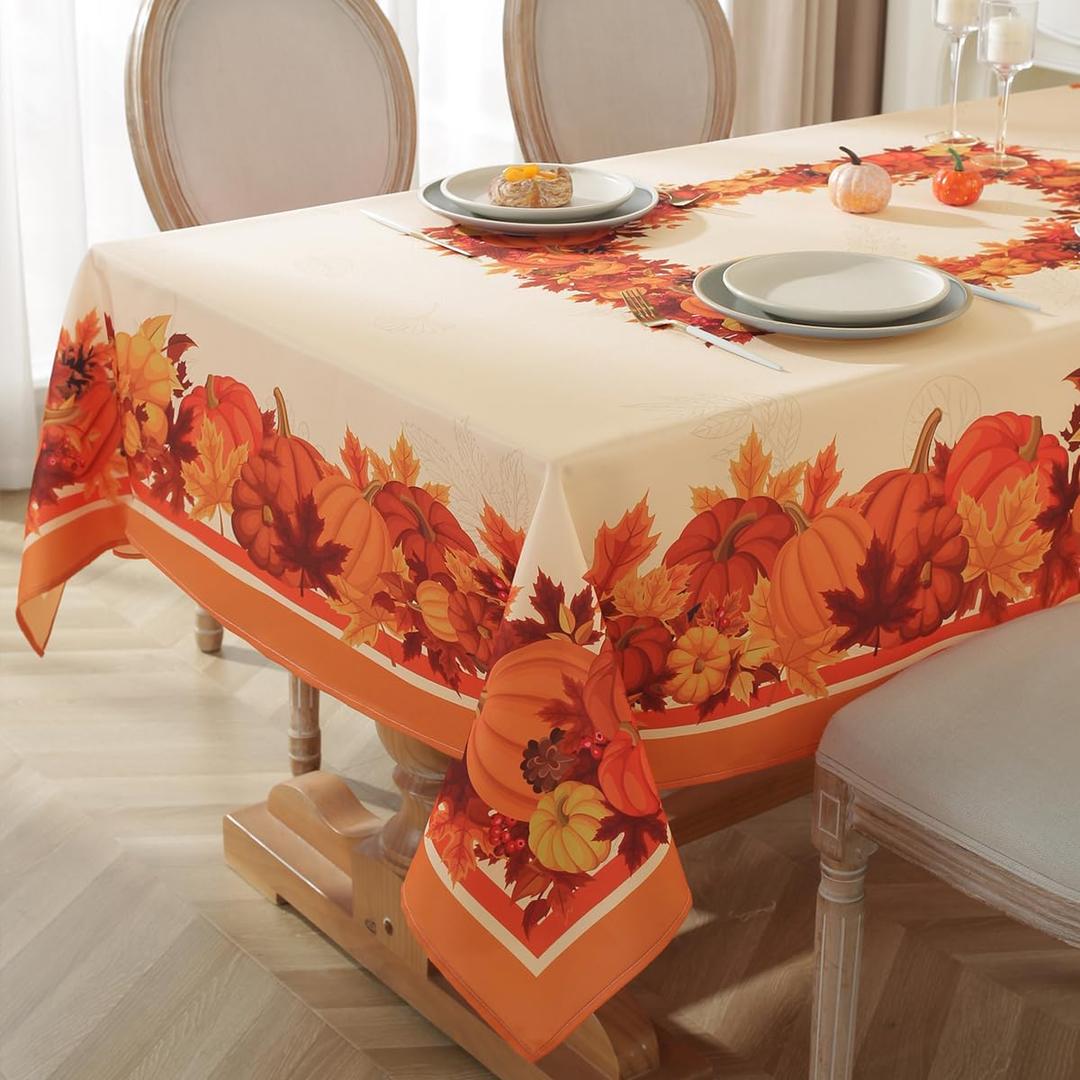 SASTYBALE Harvest Tablecloth Rectangle 60 x 84 Inch Pumpkin Tablecloths with Maple Leave Pattern Spillproof Anti-Wrinkle Durable Polyester Table Cover for Fall Thanksgiving Party Tabletop