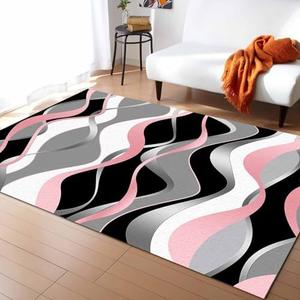4' x 6' Area Rug, Pink Black Grey Non-Skid Rubber Backing Large Rectangle Rugs - Living Room Bedroom Home Office Modern Moire Geometric Abstract Art Indoor Floor Mat Carpets