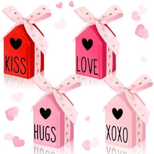 Wenqik 4 Pcs Valentines Day Table Decorations Pink Valentine Mini Wooden Birdhouse Sign Love Heart Decor with Bow for Wedding Engagement Party Tabletop Shelf Decor