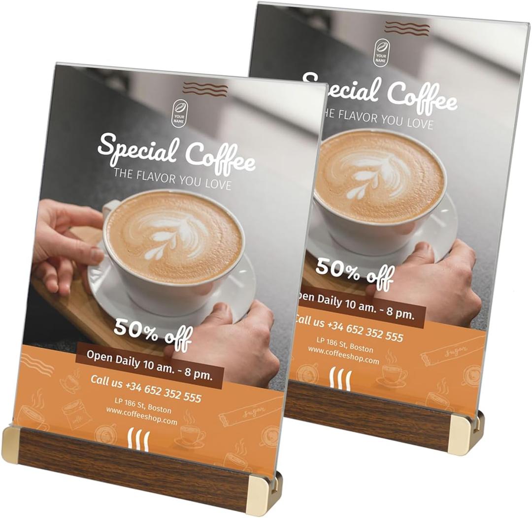 8.5 x 11 Menu Holder, Acrylic Table Menu Stand, Classic Wooden Sign Holder, Double Sided Display Table Top Paper Holder, for Bar, Cafe, Restaurant, Store, Certificate, Document (Vertical, 2Pack)