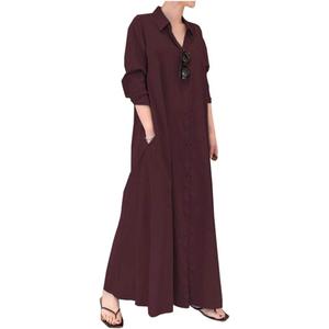 Ladyful Women's Button Down Cotton Linen Shirt Dress Long Sleeve Maxi Shirtdress Beach Summer Dress Pockets (Red)