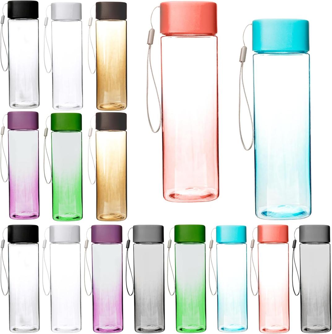 16 Pcs 17 oz Plastic Water Bottle Bulk Leak-Proof Portable reusable Square Drink Water Bottles with Handle Strap for Sports Travel Hiking Camping Climbing Gym Outdoor Indoor Activities (Color Set 1)