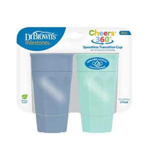 Dr. Brown's Milestones Cheers 360 Spoutless Transition Cup, Travel Friendly and Leak Free Sippy for Babies and Toddlers, Aqua and Blue, BPA-Free, 10 oz/300 mL, 9m+