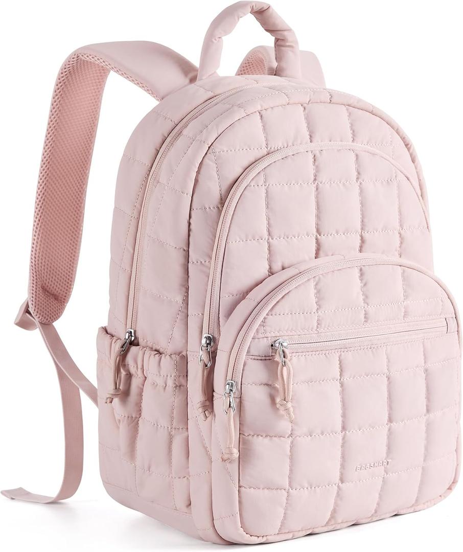 BAGSMART College Laptop Backpack, Travel Backpack for Women, Quilted Casual Daypack, Water-Resistant Bookbag for 15.6 Inch Laptop, Pink