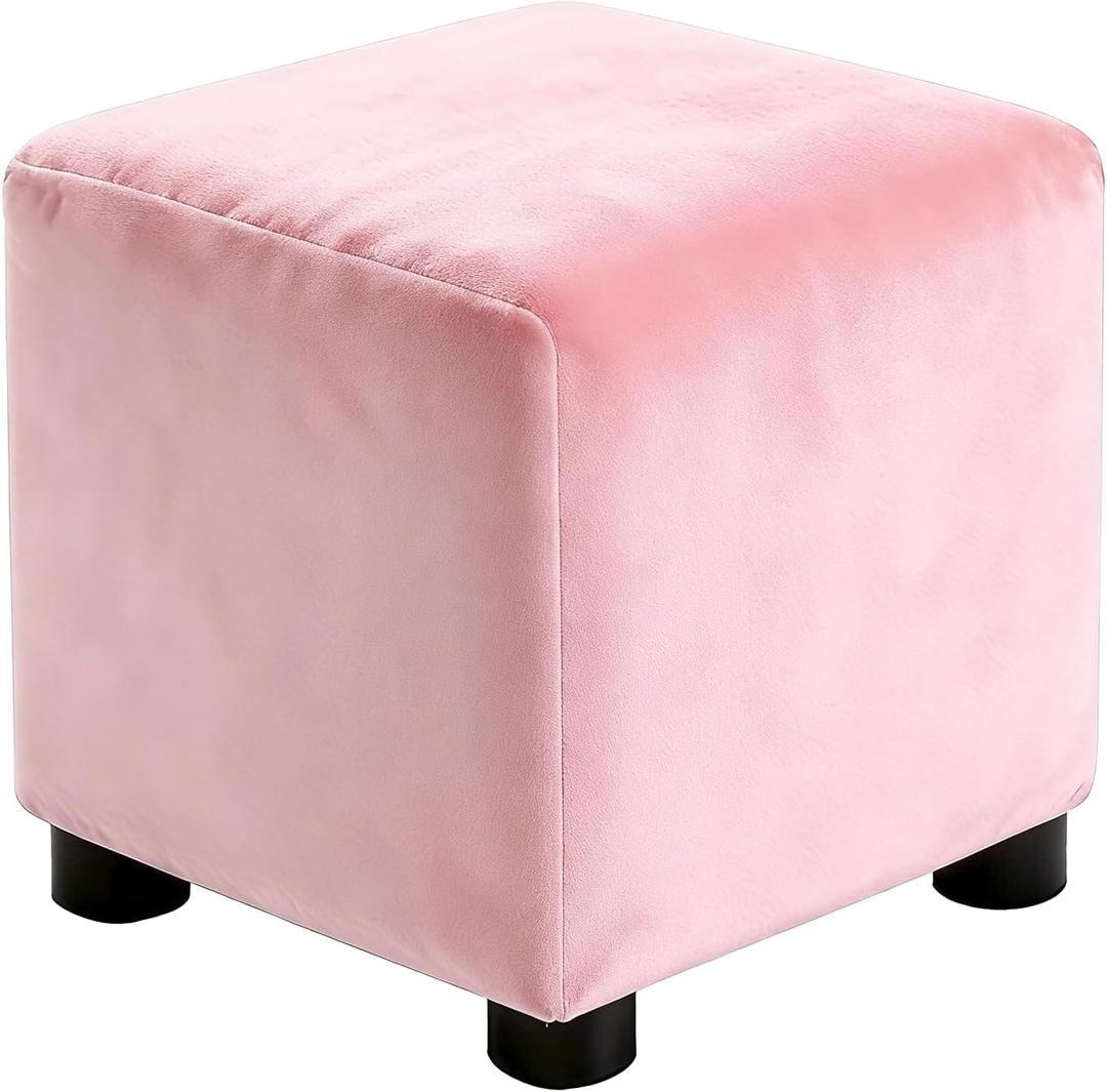 uxcell Square Footstool Slipcover, Stretch Foot Stool Protector Covers Jacquard Fabric Furniture Protector Cover Velvet with Elastic Bottom for Living Room Bedroom(Large, Light Pink)