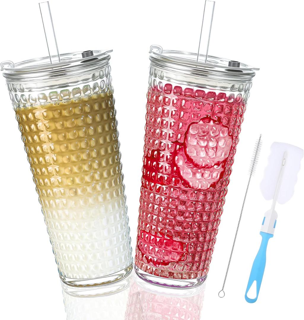 20oz Glass Cups with Lids and Straws,2 Pack Reusable Glass Tumbler for Cold & Hot Drinks Wide Mouth Travel Mug for Smoothies Cocktails Beer Tea Juice and Iced matcha Coffee Cups with Lids
