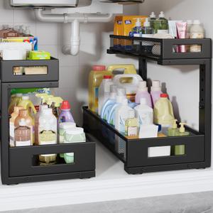 2 Pack 19IN Depth Under Sink Storage Organizer, Large 2-Tier Elegant Mesh Pull Out Shelf for Kitchen and Bathroom Cabinet Organization, L-Shaped and Adjustable Height Design-Black