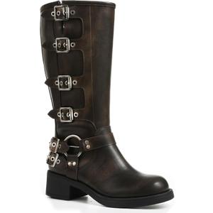 AMINUGAL Knee High Boots Women Square Toe Pull On Wide Calf Riding Fashion Buckles Chunky Metallic Casual Vintage Buckle Rivet (7)