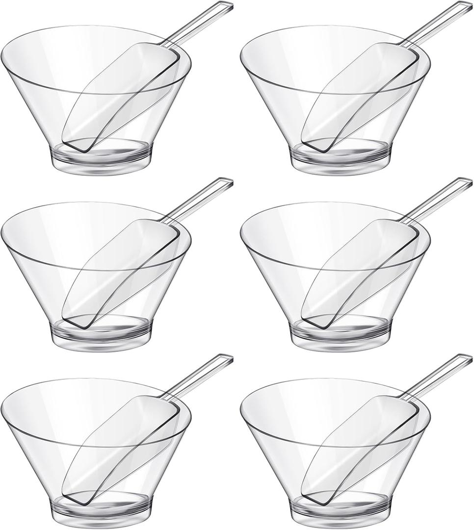 Sawysine 12 Pcs Plastic Clear Serving Bowls with Kitchen Plastic Scoops Salad Serving Bowls Popcorn Scoops Angled Candy Container for Salad Cooking Parties, 210 ml
