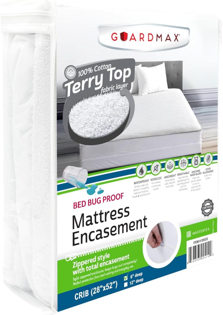 Guardmax Terry Cotton Zippered Mattress Encasement - Crib Size - 100% Waterproof and Bed Bug Proof Mattress Protector - Absorbent Six-Sided Mattress Cover (Terry Cotton, Crib)