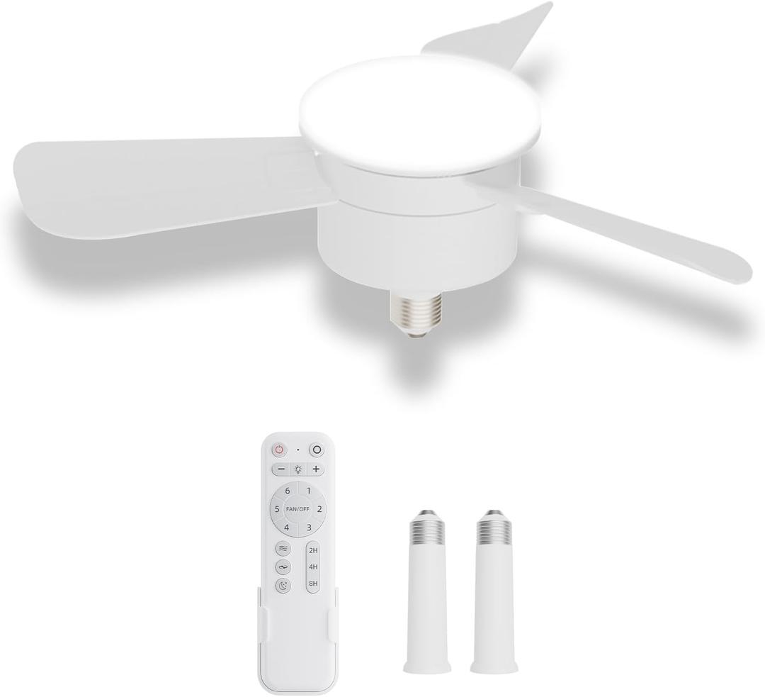 Socket Fan Light, Ceiling Fans with Lights and Remote Control, Powerful Airflow,17 inch E26 Base Quiet Dimmable Ceiling Fans for Bedroom,Bathroom, Kitchen, Living Room,1200 Lumens (3 Blades)