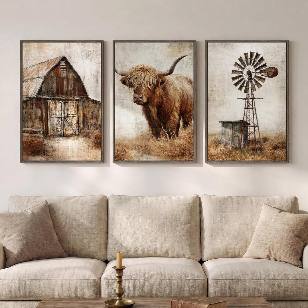 Framed Farmhouse Highland Cow Wall Art for Living Room, Set of 3 20x30 In, 20" W x 30" H x 3Pcs