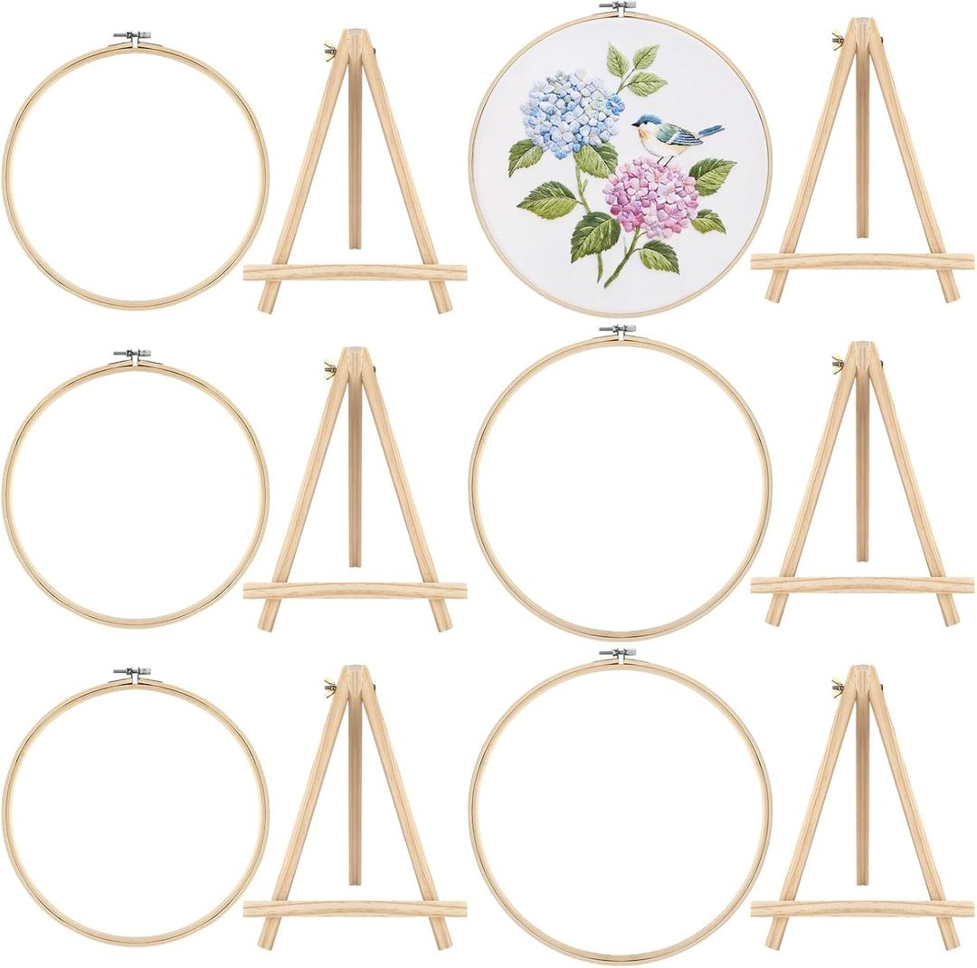 Novabright 12 Pcs Large Bamboo Embroidery Hoops with Triangle Display Stands Include 10.2'' and 11.8'' Round Hoops Frame Cross Stitch Wood Holder Easels for Desk Display Decor Craft Works