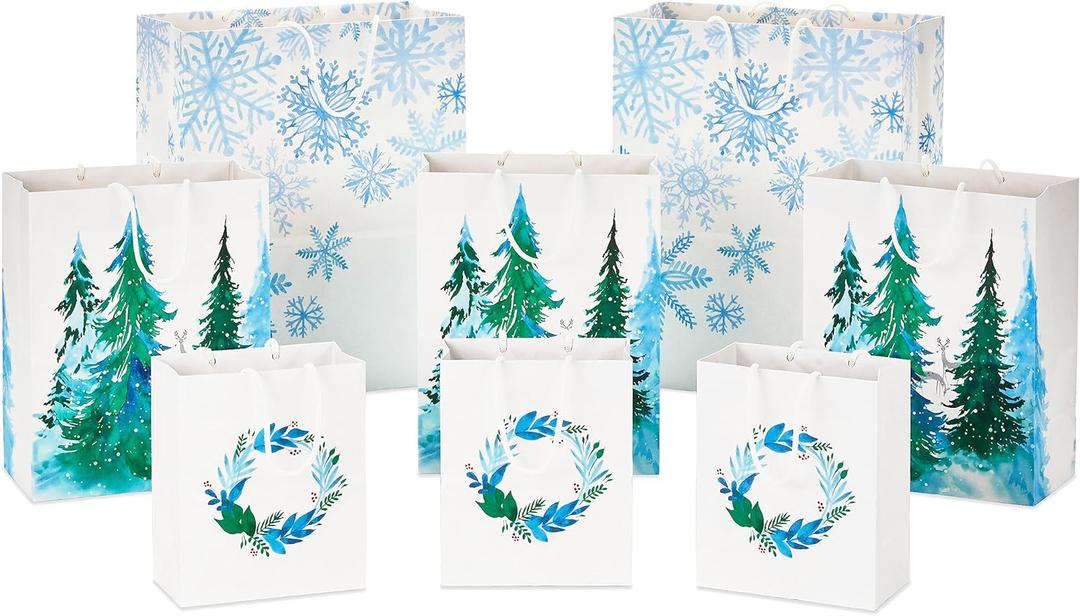 Hallmark Christmas Gift Bags - White with Wreaths, Snowflakes and Trees (8 Recyclable Bags: 3 Small 6", 3 Medium 9", 2 Large 13") for Holiday Parties, Hanukkah, Winter Weddings