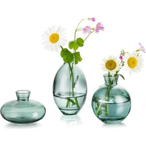 Glass Bud Vases Set of 3, Hewory Cute Green Small Vases Handmade, Mini Glass Flower Vase for Floral Arrangements, Tiny Centerpiece for Home Office Wedding Party Events Table Decor (Not Include Flower)