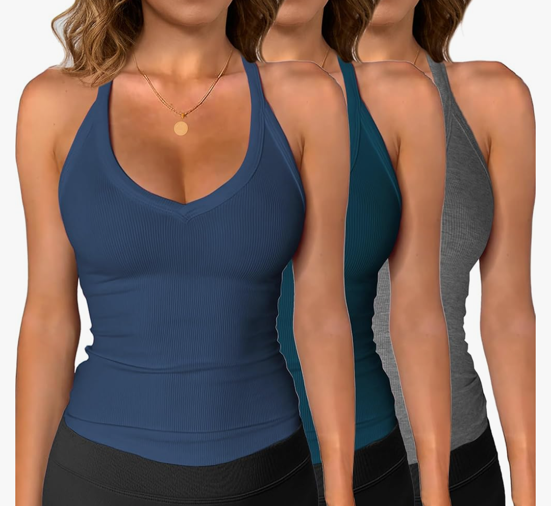 iGENJUN 2 Pack Workout Tops for Women Racerback Basic Tank Summer 2025 Camisole V Neck Slim Fit Ribbed Sleeveless, Size Large 