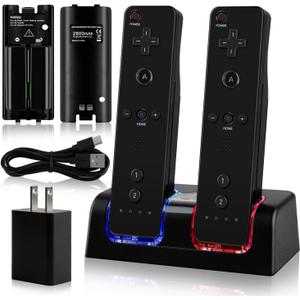 2-in-1 Charger Station for Wii/Wii U Remote Controller, with 2 pcs 2800mAh Rechargeable Battery Packs, USB Plug and USB Cable, 2 Port Charging Station for wii Controller (Remote not includedd)-Black