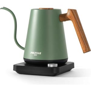 POLIVIAR Electric Gooseneck Kettle, 1350W Electric Tea Kettle Wood Pattern Handle, 34oz Pour Over Electric Kettle for Coffee & Tea, 18/8 Stainless Steel Inner, Temperature Control & Rapid Heating (Green)