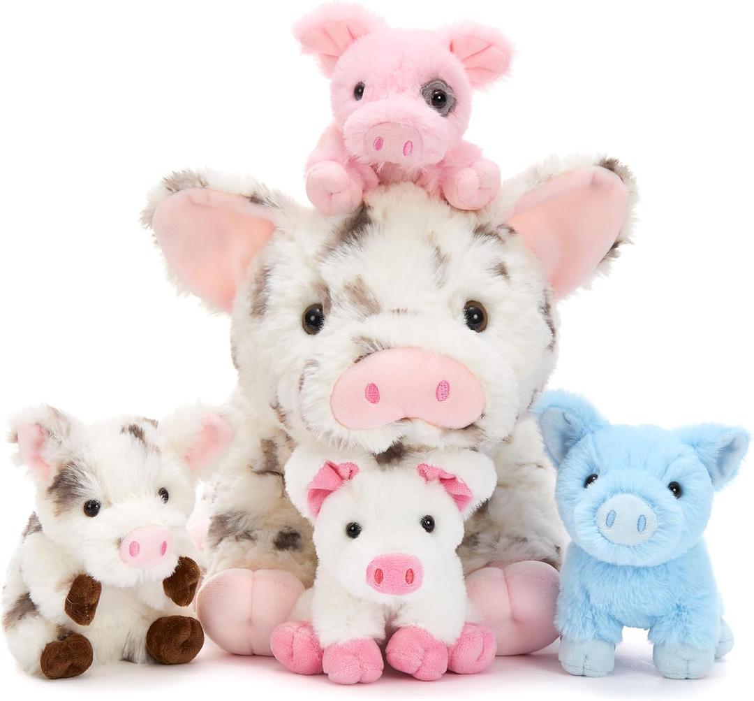 Pig Stuffed Animal Plush 5Pcs - Mommy Spotted 16" with 4 Little Piggy in Her Zippered Tummy - Cute Plushie Toy Gift for Girls and Kids