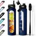 Aqulea 32 oz Glass Water Bottle with 2 Lids Spout & Straw Lids, 1L Motivational Borosilicate Glass Water Bottle with Time Marker & Silicone Sleeve, Leakproof (Blue)