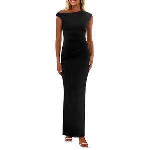 REORIA Women's 2025 Summer Formal Maxi Dresses Sleeveless One Shoulder Bodycon Ruched Mesh Wedding Guest Cocktail Dress (Black,S )