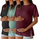 Ficerd 3 Pack Women's Maternity T Shirts, Short Sleeve Side Split Pregnancy Tops Casual Crew Neck Pregnant Tees Mama Clothes (Large, Black, Gray Green, Burgundy)