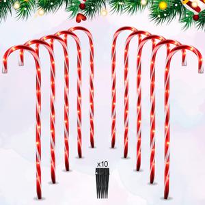 VCOKEN 30'' Christmas Candy Cane Pathway Markers Lights - Set of 10 Christmas Stakes Lights Outdoor Pathway Decorations, Connectable & Light Up Xmas Holiday Party Yard Art Indoor Outdoor Ornament (Red)