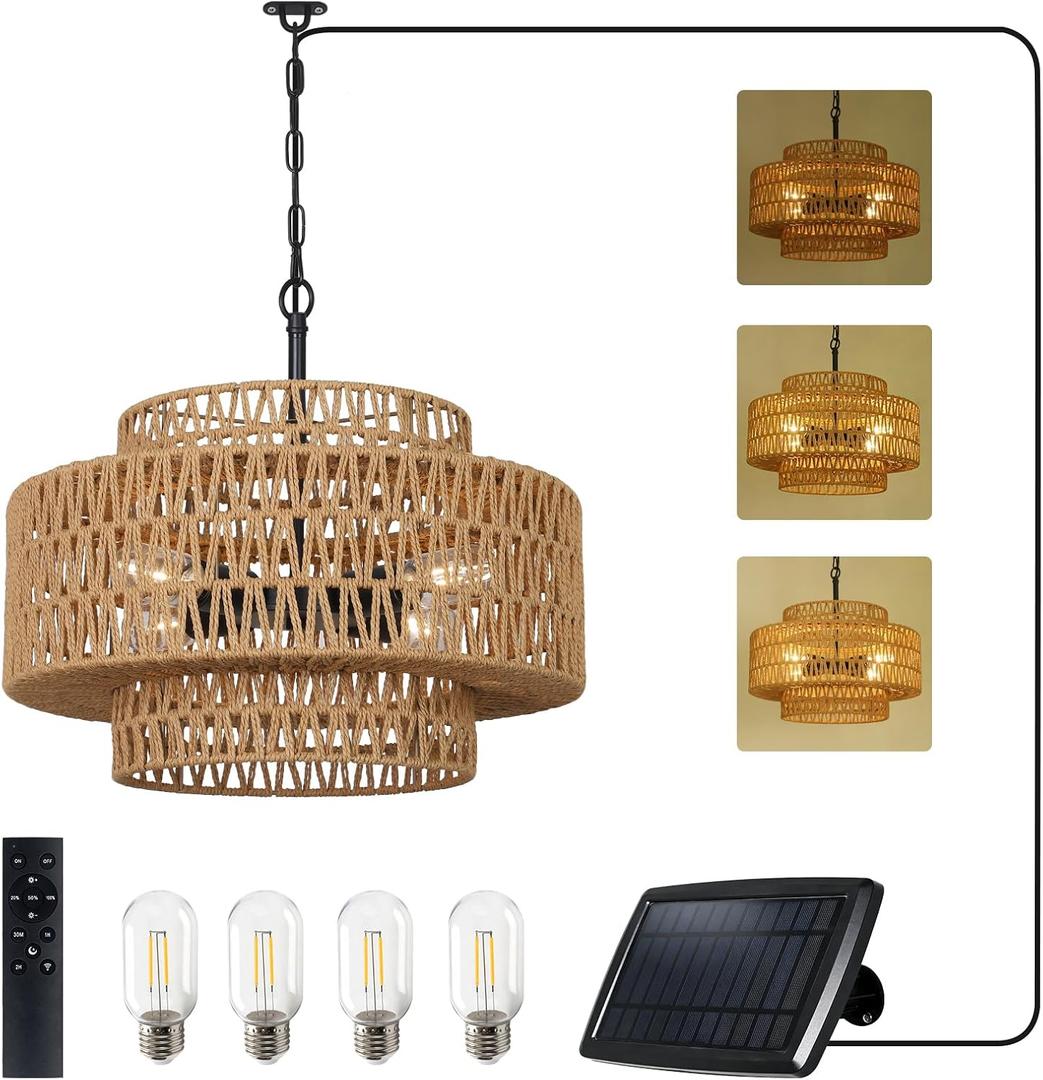 Solar Chandelier Outdoor Lights for Patio, Boho Solar Powered Outdoor Chandelier with Remote & LED Bulb, Dimmable Solar Light, Hanging Pendant Lighting for Garden Yard Porch Gazebo Indoor, Style: 3-Tiers Solar chandelier