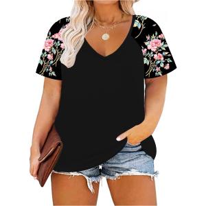 TIYOMI Plus Size Tops for Women Short Sleeve Color Block Raglan Sexy V Neck Shirts Tunic Spring Summer XL-5XL 14W-28W (XX-Large, #6_t Black _ Pink Floral)