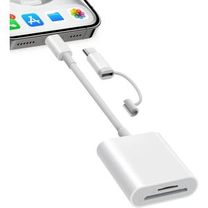 SD Card Reader for iPhone iPad, Dual Connector (Lightening&USB-C) Micro SD Memory Card Reader, 2 in 1 SD and TF Card Adapter Portable Trail Camera Viewer, No Driver Needed, Plug and Play