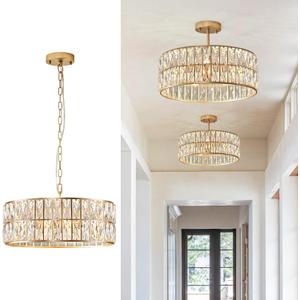Modern Crystal Chandelier for Dining Room Gold Semi Flush Mount Ceiling Light Fixtures 18 Large Round Crystal Pendant Lighting for Foyer Bedroom Living Room