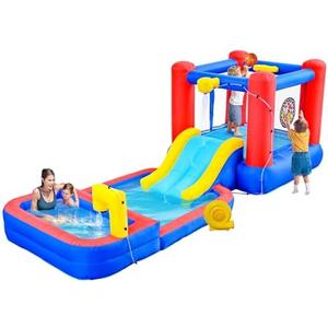 WELLFUNTIME Inflatable Bounce House with Water Sprayers, Water Slides Park with Blower, Dartboard, Basketball Hoop, Deep Pool