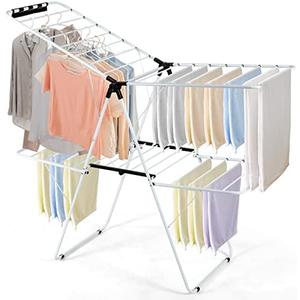 GOFLAME 2-Tier Clothes Drying Rack, Folding Laundry Dry Rack with Adjustable Supporting Bar, 26 Premium Clips, Space-Saving & Collapsible Laundry Hanger for Easy Storage, No Assembly Needed