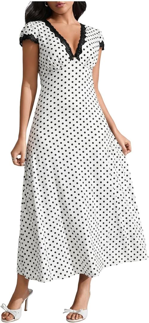 Milumia Women's Polka Dots Lace Trim Deep V Neck Dress Short Sleeve Flared Long Dresses White Small