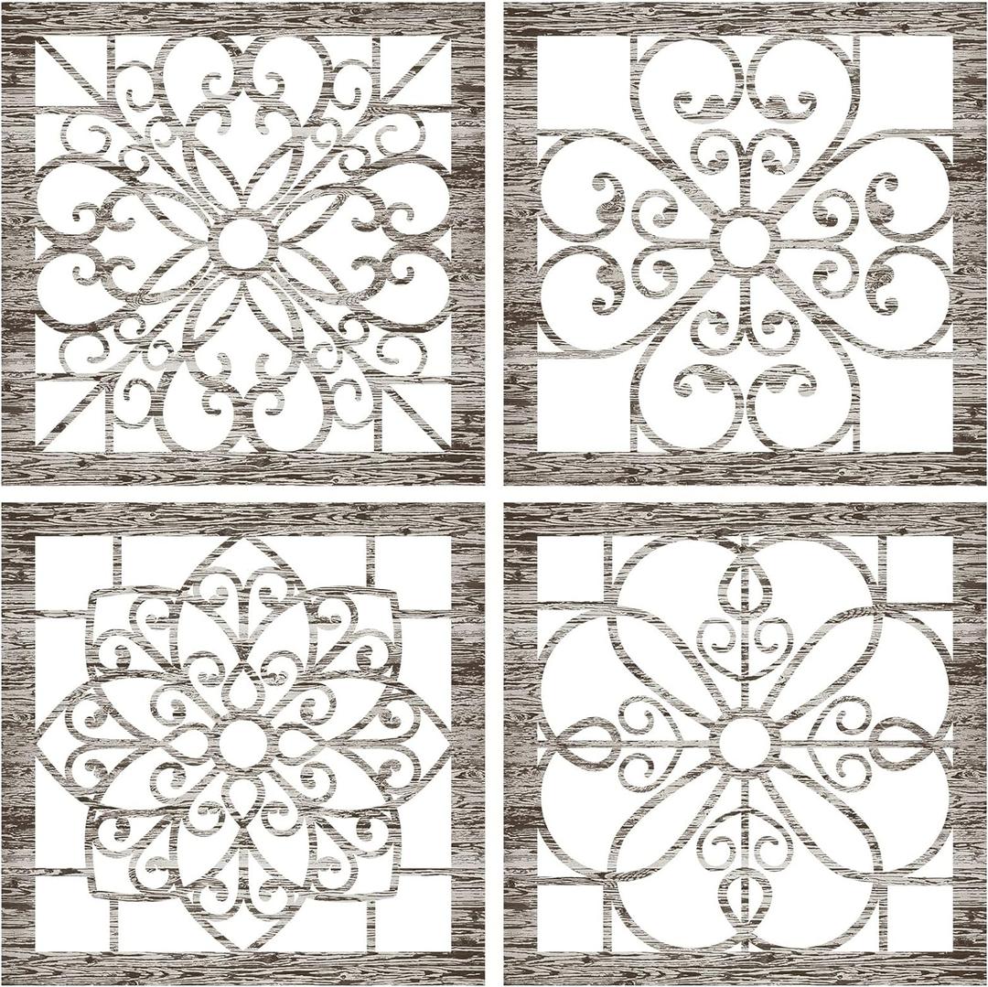 Yulejo 4 Pieces Thicken Rustic Wall Decor Farmhouse Wall Art Decor Wooden Hollow Carved Design Rustic Hanging Decoration for Living Room Bedroom Hallway Office Kitchen Decoration
